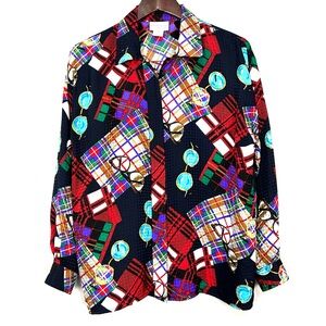 Vintage Nordstrom Silk Shirt Women’s Size 10 Button Front Colorful Plaid Artsy